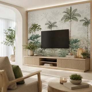 Kovalam Paradise Palms Wallpaper with lush green palm motifs on a calming background. Wallpaper for TV Panel, Green, Customised. view-tvpanel