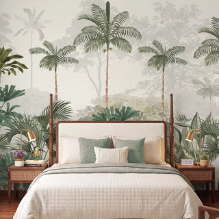 Kovalam Paradise Palms Wallpaper with lush green palm motifs on a calming background with bed Wallpaper for Rooms, Green, Customised, view-bedroom