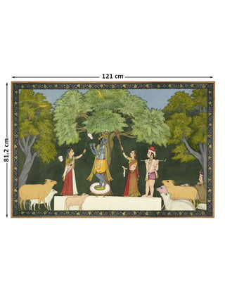 Full horizontal design layout of Krishan with Gopies wall art showing the divine forest scene, dimensions 121 cm by 81.2 cm.