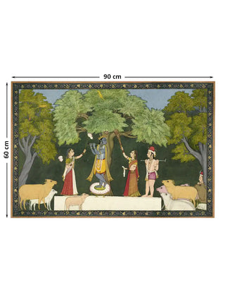 Overview of the full heritage design featuring Lord Krishna and Gopis with sacred cows, dimensions 90 cm by 60 cm.