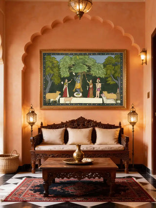 A grand arched entryway featuring the Krishan with Gopies heritage mural styled above an ornate wooden bench and traditional lamps.