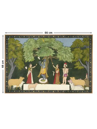 Krishna Leela with Gopis and cows wall art in deep green shown at 66 x 44 cm with dimension markings for size reference.
