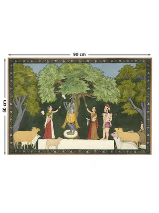 Krishna Leela with Gopis beneath the kadamba tree wall art in deep green shown at 90 x 60 cm with dimension markings for size reference.