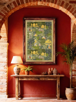 A grand Krishna Leela wall art piece styled above a dark wood vintage bench in a sunlit hallway.