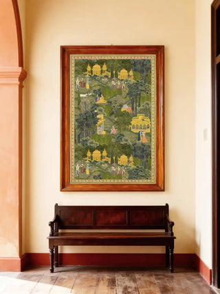 Krishna Leela mural framed by a rustic red brick archway above a wooden console in a luxury home.