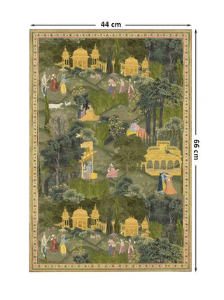 Krishna Leela golden pavilions and grove wall art in forest green and gold shown at 44 x 66 cm with dimension markings for size reference.