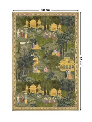 Krishna Leela figures and cows in a grove wall art in forest green and gold shown at 60 x 90 cm with dimension markings for size reference.