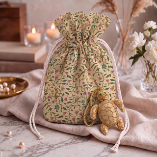 The Kurma Turtle Gift Charm in Champagne Gold styled beside a cream potli bag printed with a trailing floral vine and small perched birds.