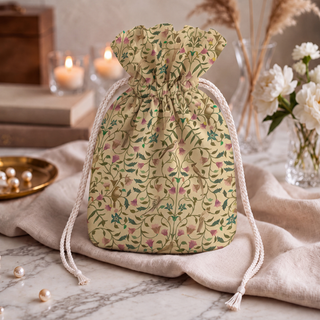 Close view of the cream potli bag's trailing vine, bell-shaped flowers and perched bird print, paired with pearls and candles on marble.