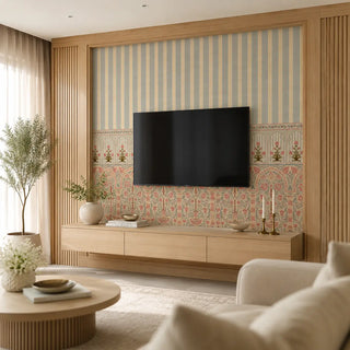 A luxury living room featuring the Kusum wallpaper with Mughal arches and vertical stripes styled in a TV panel. view-tvpanel
