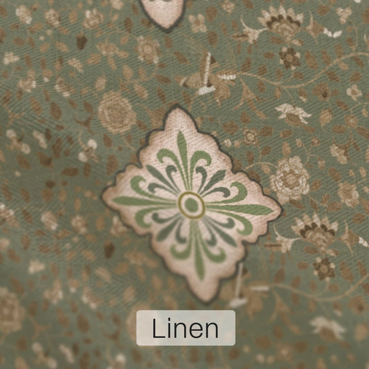 Virasat Floral Pattern for Sofa and Chair Upholstery Fabric in Green, indian stylem floral motif, shop now Buy with linen