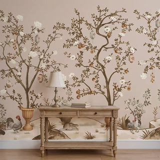 A wall view of the Lantern Grove Chinoiserie Wallpaper in beige, showing the repeating design of blossoming trees, pots, and birds.