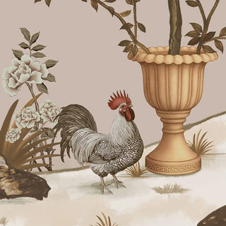 A close-up highlighting a rooster near an ornate pot with blossoming branches and detailed foliage.