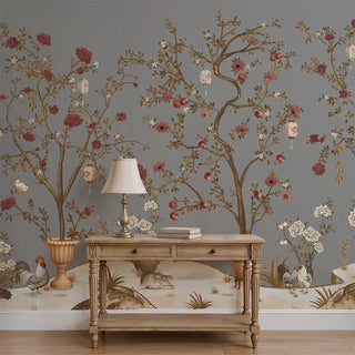 A wall view of the Lantern Grove Chinoiserie Wallpaper in gray, showing its continuous design of trees, blossoms, and decorative details.