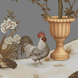 A close-up highlighting a rooster standing near an ornate pot, surrounded by detailed blossoms and foliage.