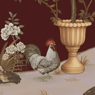 A close-up highlighting roosters near ornate pots, surrounded by delicate blossoms and branches.