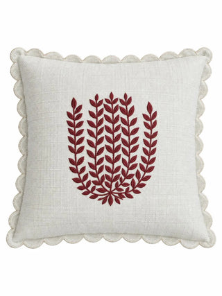 The front of the Leafora cushion cover: five upright sprigs of burgundy embroidered leaves in a tulip shape on textured ivory, with a scalloped edge.