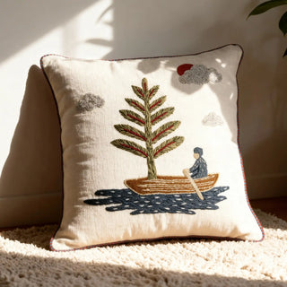 Lifencolors Celestial Village cushion cover featuring intricate embroidered pine tree design