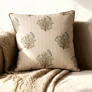 Lifencolors Mithoo cushion cover featuring vibrant Indian parrot and nature motifs