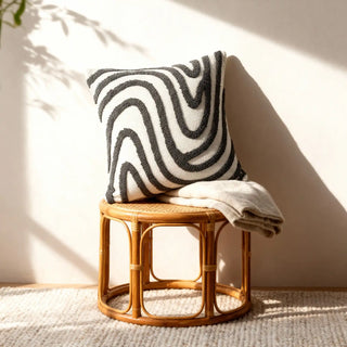 Lifencolors Mono Swirld cushion cover featuring a modern abstract spiral pattern