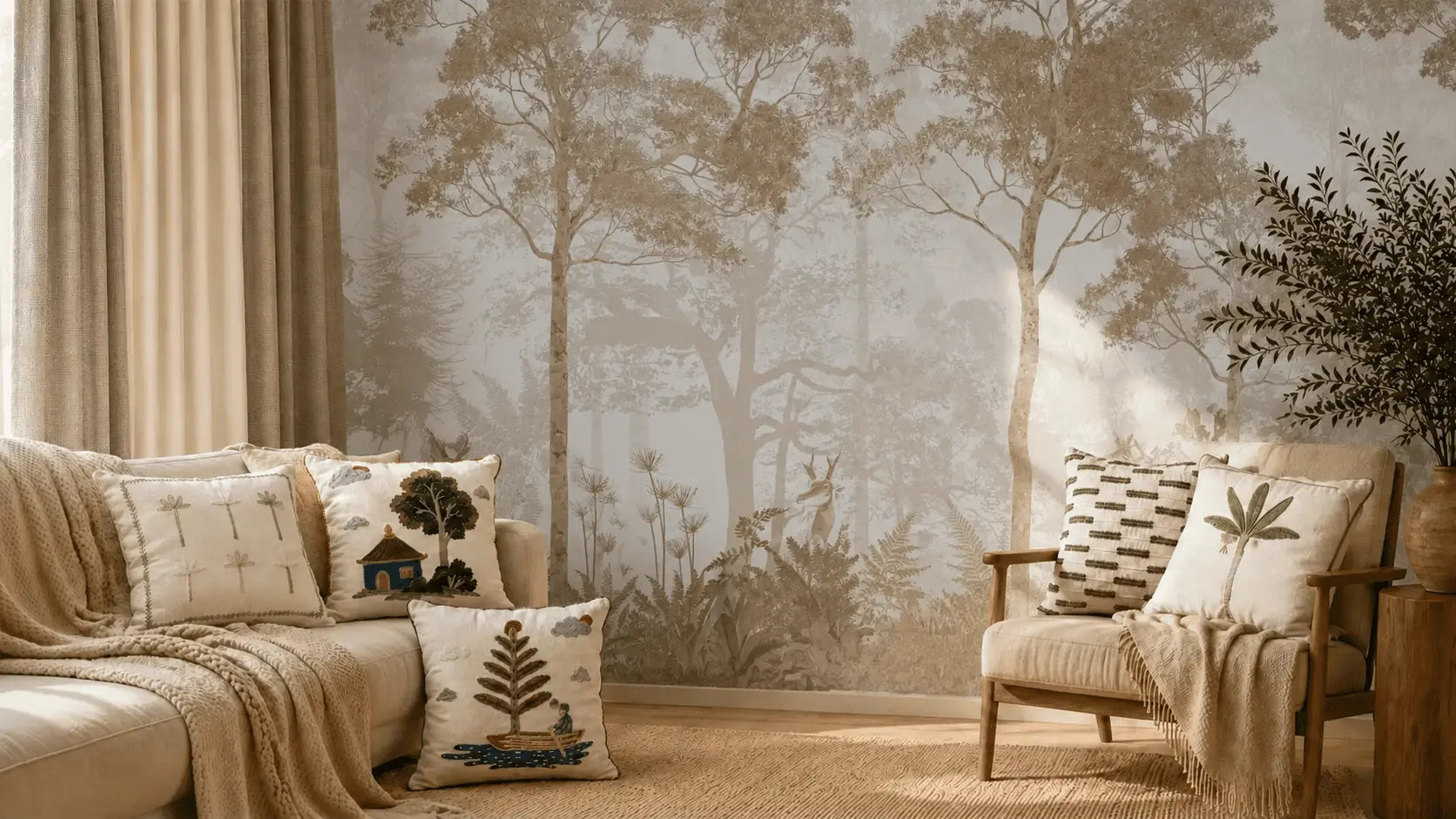 Living room with beige sofa, armchair, and decorative pillows against a forest mural used as lifencolors desktop banner in may 2026