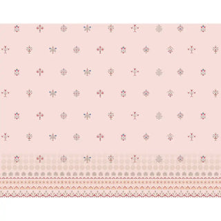 A light pink wallpaper with a repeating pattern of traditional Indian-inspired motifs in white.