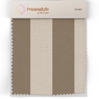 Fabric swatch of Linear Calm Sofa and Chair Upholstery Fabric featuring wide alternating stripes in soft beige and muted taupe tones.