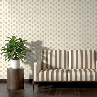 Modern sofa upholstered in Linear Calm Fabric with clean beige and taupe stripes, paired with a minimal interior setting.