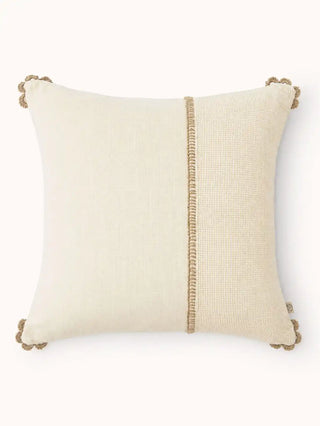 A full front flat lay view of the square Linen Poet cushion cover showcasing its asymmetrical paneling and neutral tones on a white background.