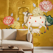 Pichwai Style Wallpaper for Lobby and Temple Walls, Yellow