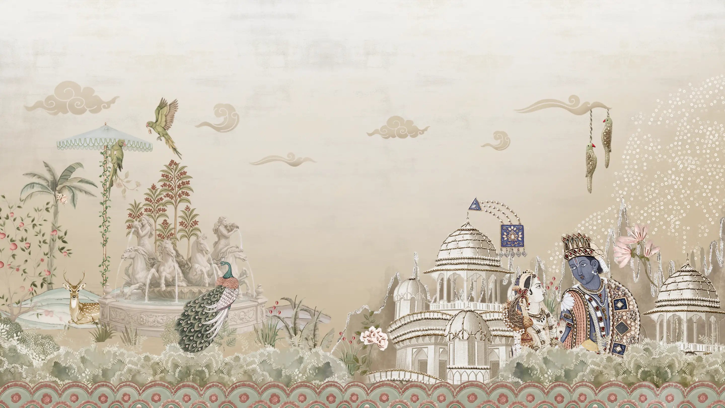 Decorative scene with architectural elements, animals, and birds on a light background used as hero banner by lifencolors