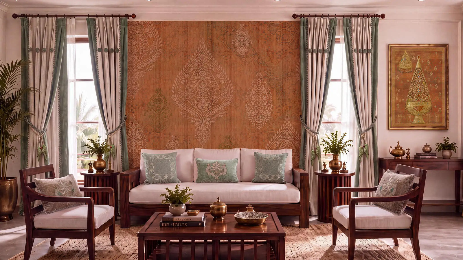 Svarnam lookbook banner in rust and sage green with gilded accents
