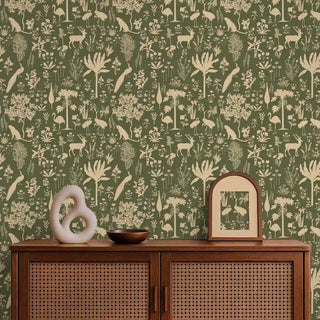 Flora n fauna Tropical Wallpaper Roll in Cream & Forest Green Living Room