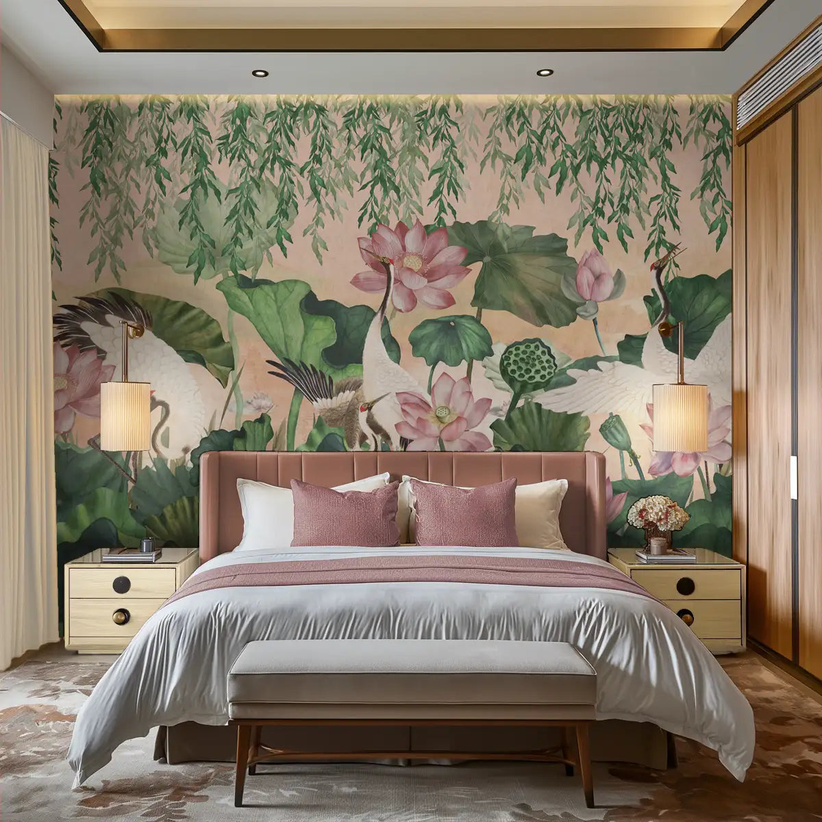 Lotus Garden, Luxury Floral Sepia Background Wallpaper for Rooms