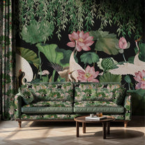 Lotus Garden, Luxury Floral Black Background Wallpaper for Rooms