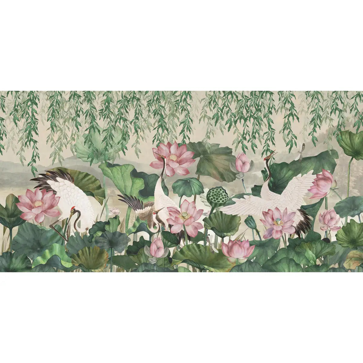 Lotus Garden, Luxury Floral Wallpaper for Rooms lotus, scenery, cranes, foliage 