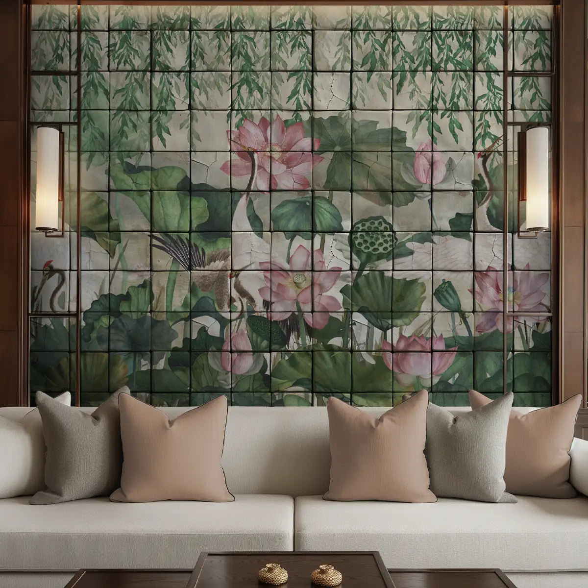 Lotus Garden, Luxury Floral Vintage Tile Wallpaper for Rooms