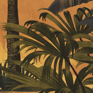 Close up of the Lush European Landscape mural showing the detailed brushstrokes of palm fronds against a textured mustard background.