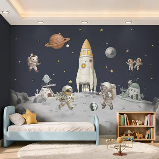 Kids bedroom with Galaxy of Dreams space mural and bookshelf