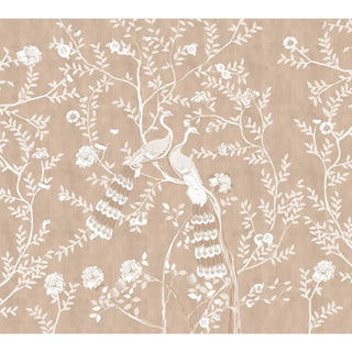 Luxury living room featuring Morni clay beige Chinoiserie peacock wallpaper.