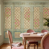 Blooming Dales wallpaper in a formal dining room with velvet chairs and a wooden table