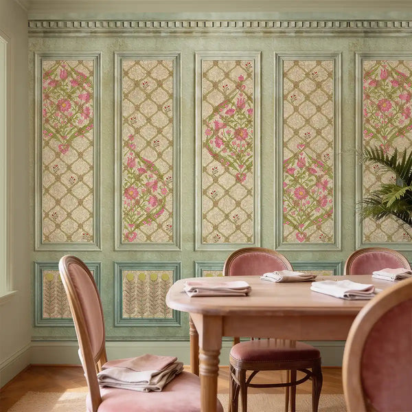 Blooming Dales wallpaper in a formal dining room with velvet chairs and a wooden table