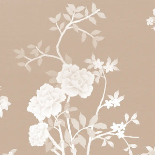 Modern living room featuring Aura in the Garden clay beige Chinoiserie wallpaper on accent wall. Closeup image
