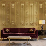 The Zellige Hall wallpaper in a grand living room with burgundy velvet furniture and a marble coffee table