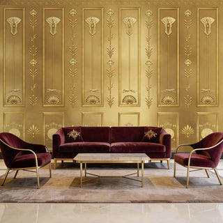 A grand living room featuring The Zellige Hall wallpaper behind burgundy velvet furniture and a marble coffee table view-living room