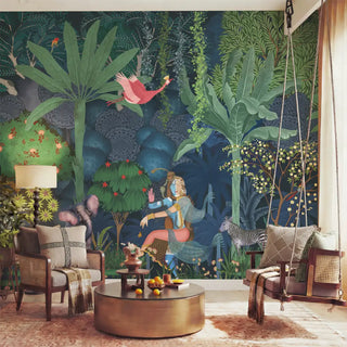 Shiv Shakti wallpaper styled in a living room with a grey sofa, brass coffee table, and Indian swing
