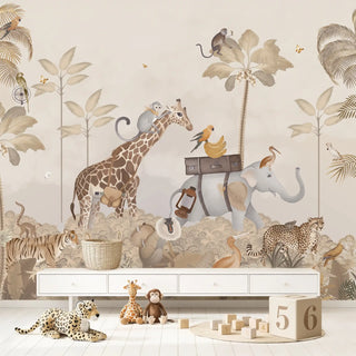 A luxury nursery featuring the Cute Animal Safari mural behind a dark wood crib with plush monkey toys and a brown rug.