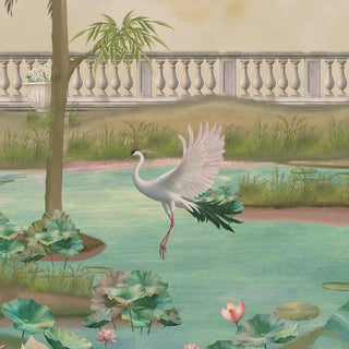 Oriental wall mural featuring cranes, lotus pond, and faded green tones