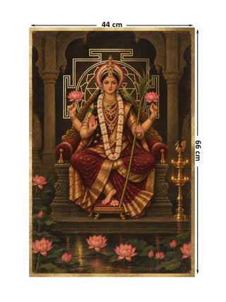 Maa Lalita Tripura Sundari portrait wall art, a four-armed seated figure before a gold yantra above a lotus pond, marked with its 66 cm by 44 cm size