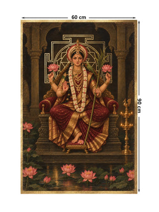 Maa Lalita Tripura Sundari portrait wall art, a four-armed seated figure before a gold yantra above a lotus pond, marked with its 90 cm by 60 cm size